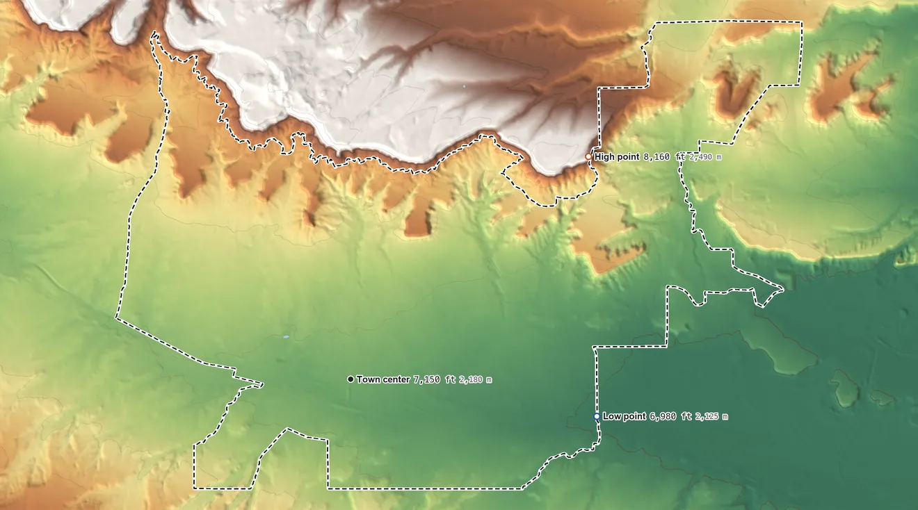 Topographic elevation map of Thoreau, New Mexico, shaded from 6,980 ft on the east side to 8,160 ft on the northeast side