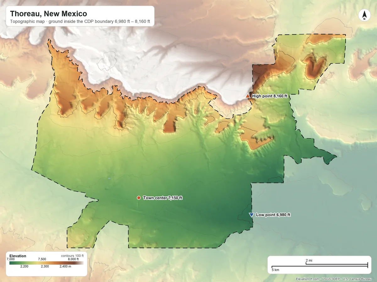 Topographic elevation map of Thoreau, New Mexico, shaded from 6,980 ft on the east side to 8,160 ft on the northeast side