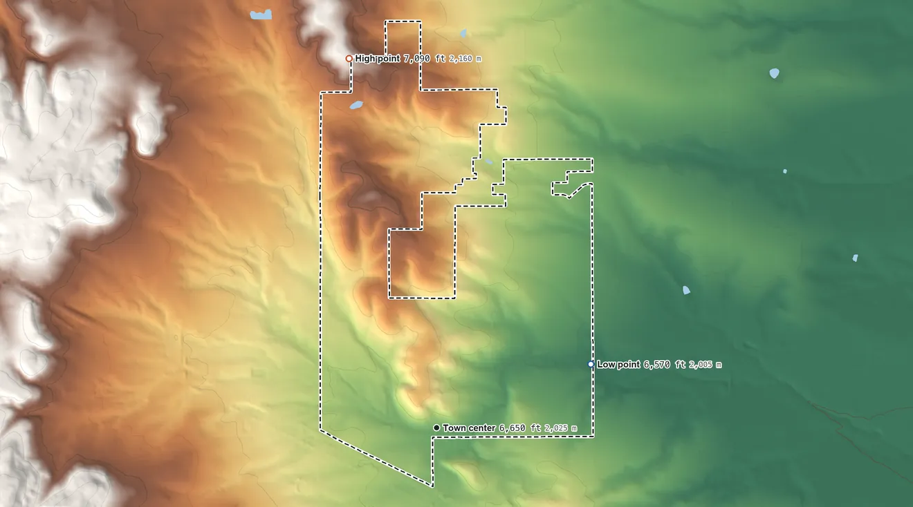 Topographic elevation map of Thunder Mountain, New Mexico, shaded from 6,570 ft on the east side to 7,090 ft on the north side