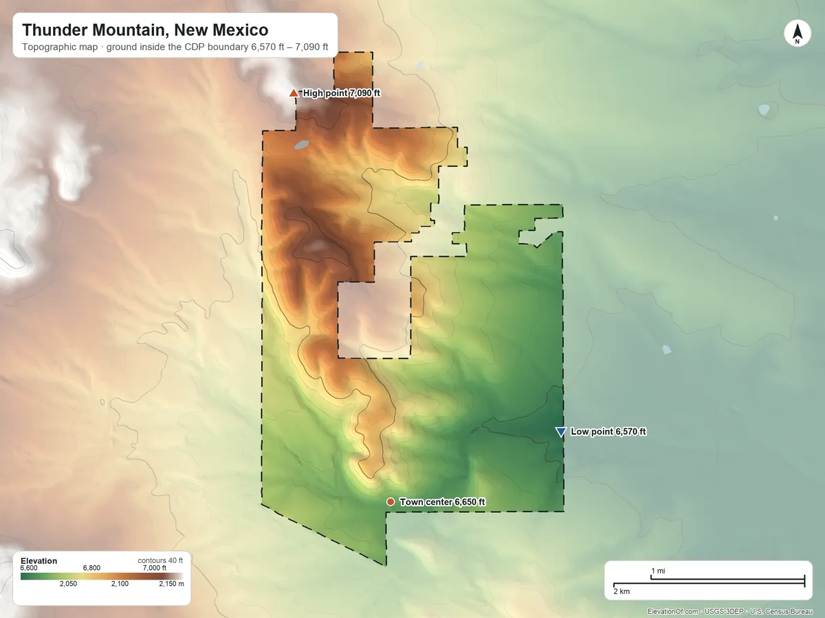 Topographic elevation map of Thunder Mountain, New Mexico, shaded from 6,570 ft on the east side to 7,090 ft on the north side