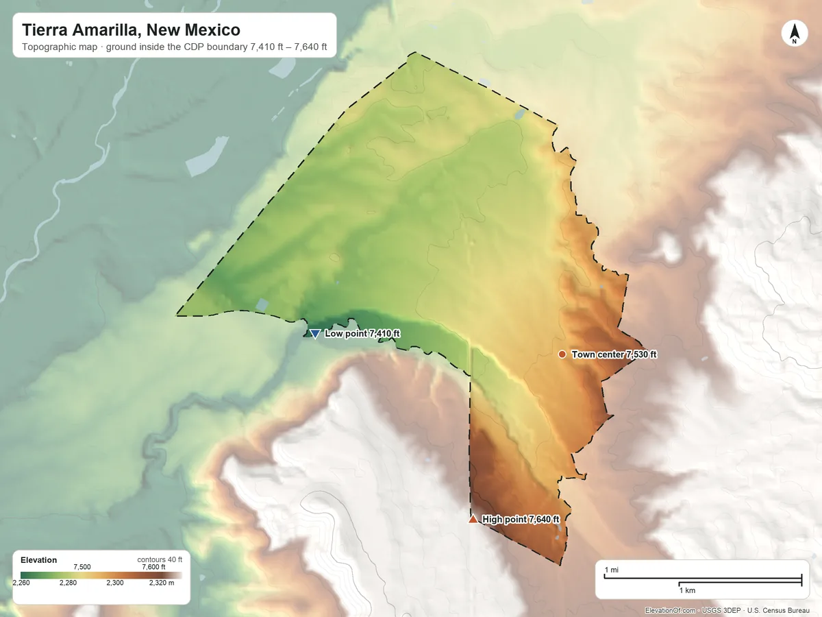 Topographic elevation map of Tierra Amarilla, New Mexico, shaded from 7,410 ft on the west side to 7,640 ft on the southwest side
