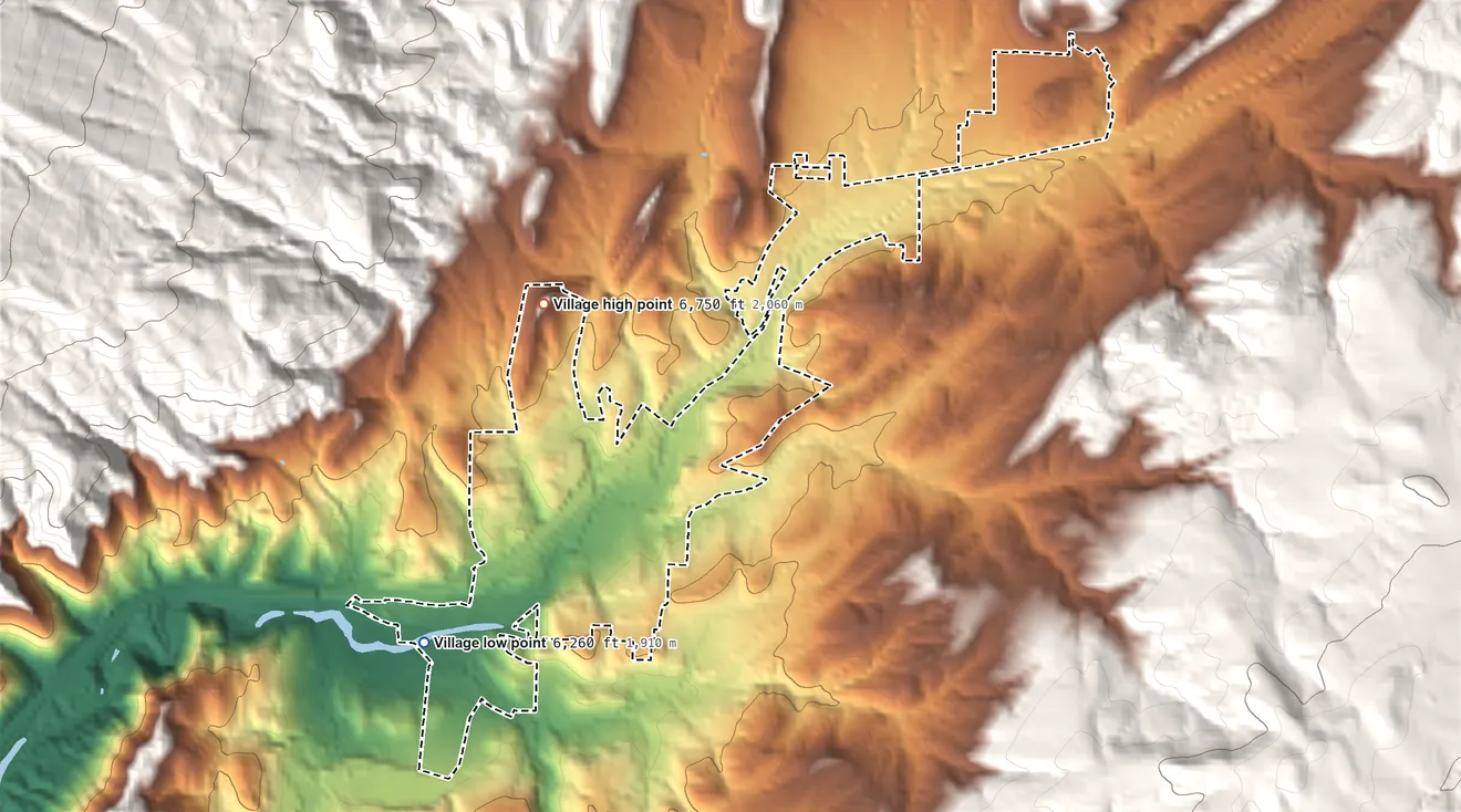Topographic elevation map of Tijeras, New Mexico, shaded from 6,260 ft on the southwest side to 6,750 ft at the foot of the Sandia Mountains