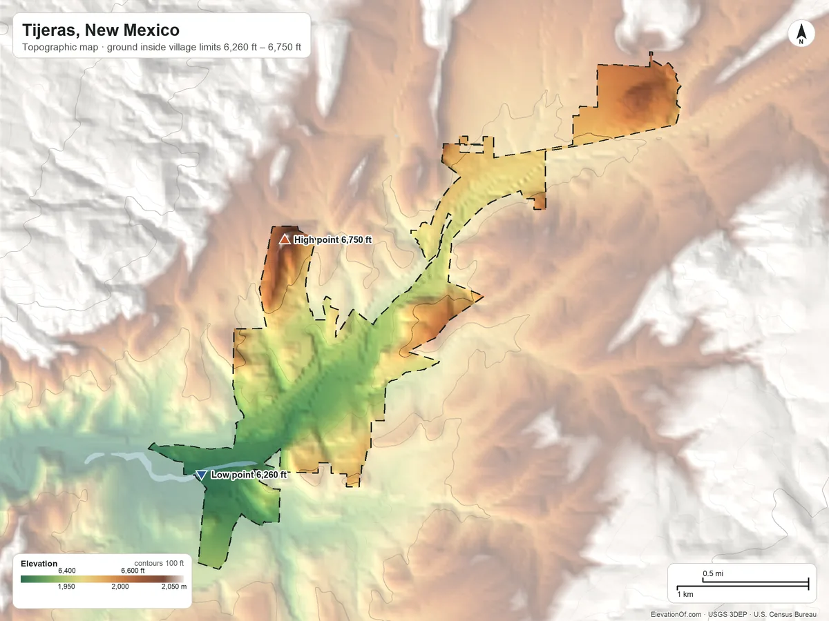 Topographic elevation map of Tijeras, New Mexico, shaded from 6,260 ft on the southwest side to 6,750 ft at the foot of the Sandia Mountains