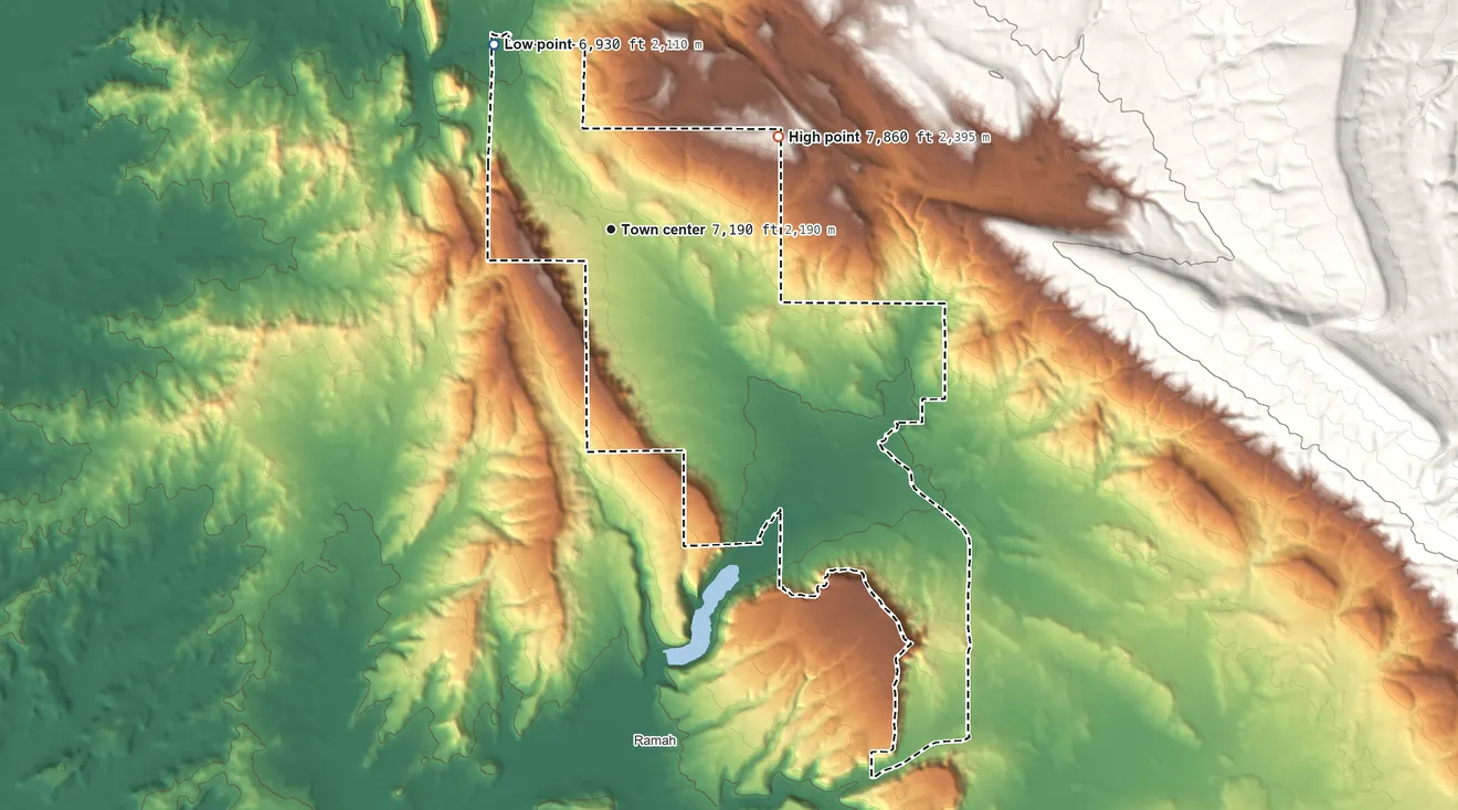 Topographic elevation map of Timberlake, New Mexico, shaded from 6,930 ft on the northwest side to 7,860 ft on the northeast side