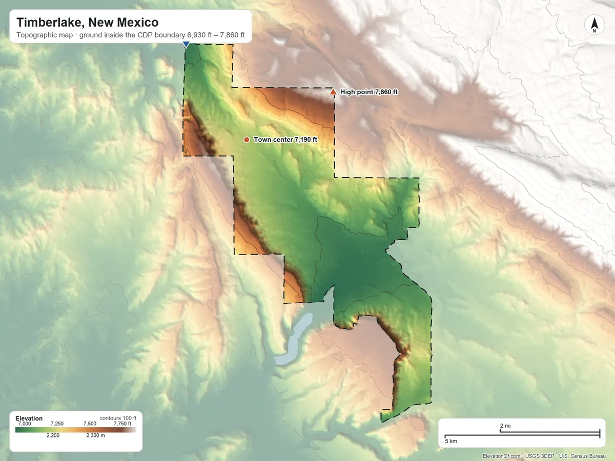 Topographic elevation map of Timberlake, New Mexico, shaded from 6,930 ft on the northwest side to 7,860 ft on the northeast side