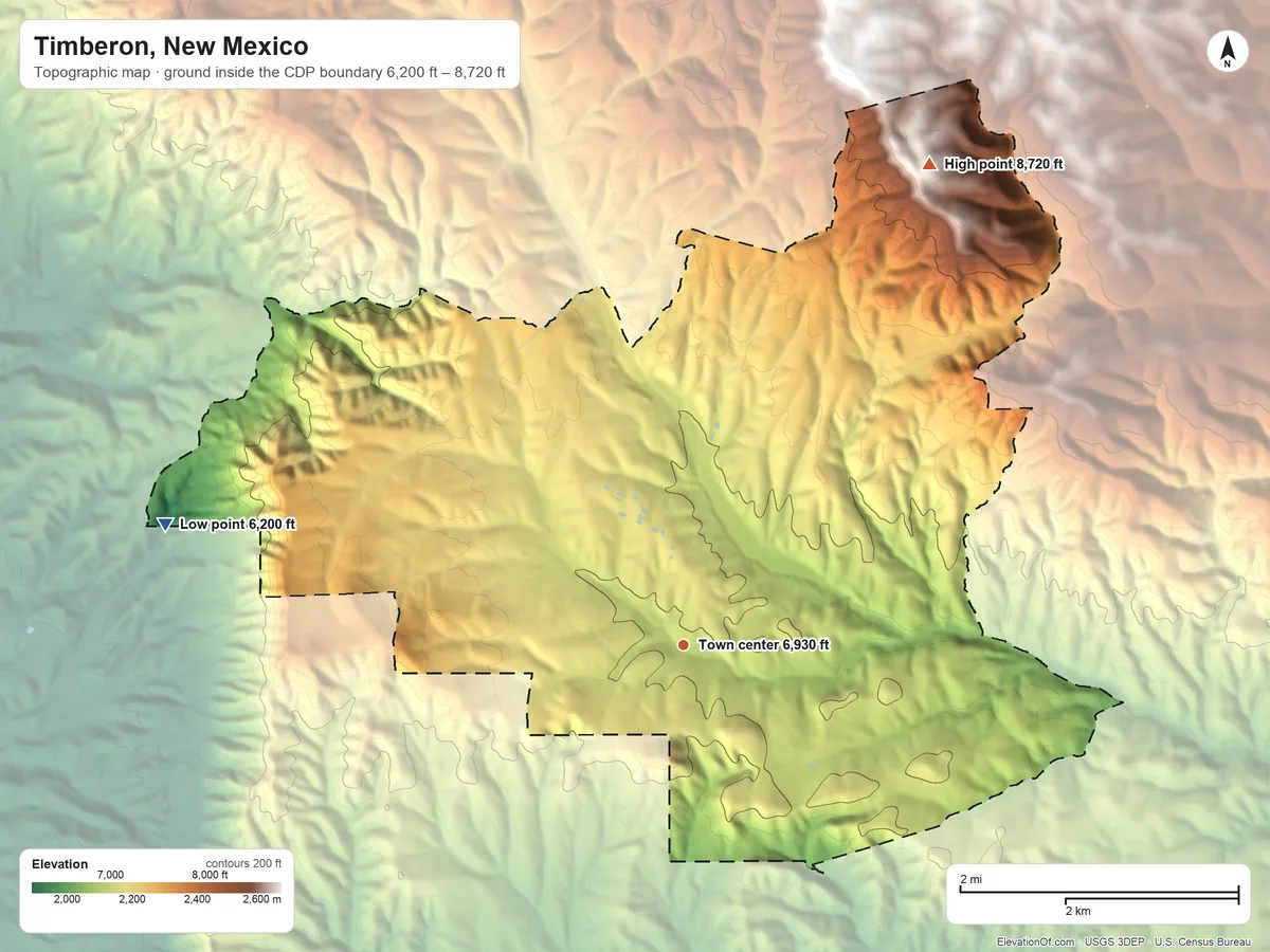 Topographic elevation map of Timberon, New Mexico, shaded from 6,200 ft on the west side to 8,720 ft on the northeast side