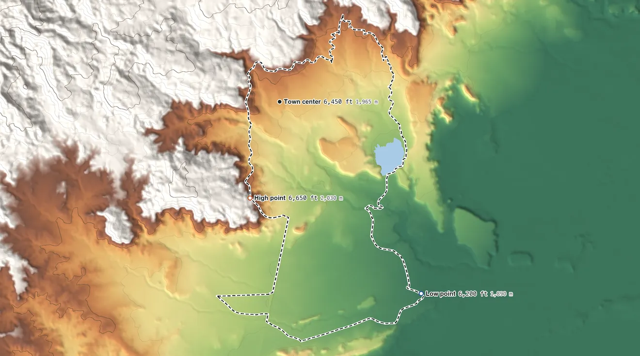 Topographic elevation map of Tohatchi, New Mexico, shaded from 6,200 ft on the southeast side to 6,650 ft on the south edge, below higher ground just outside