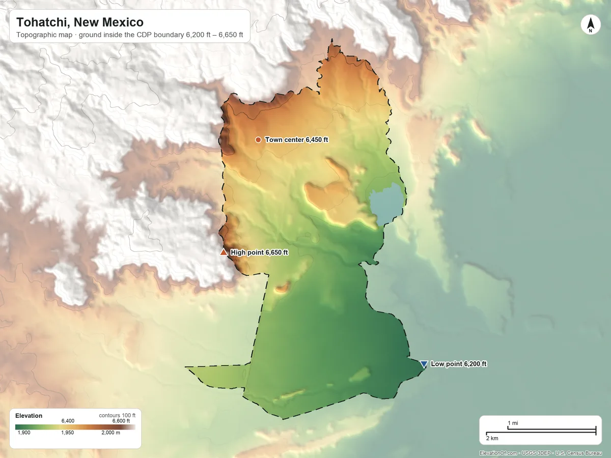 Topographic elevation map of Tohatchi, New Mexico, shaded from 6,200 ft on the southeast side to 6,650 ft on the south edge, below higher ground just outside