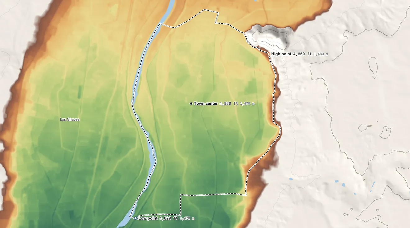 Topographic elevation map of Tome, New Mexico, shaded from 4,820 ft on the southwest side to 4,860 ft on the northeast edge, below higher ground just outside