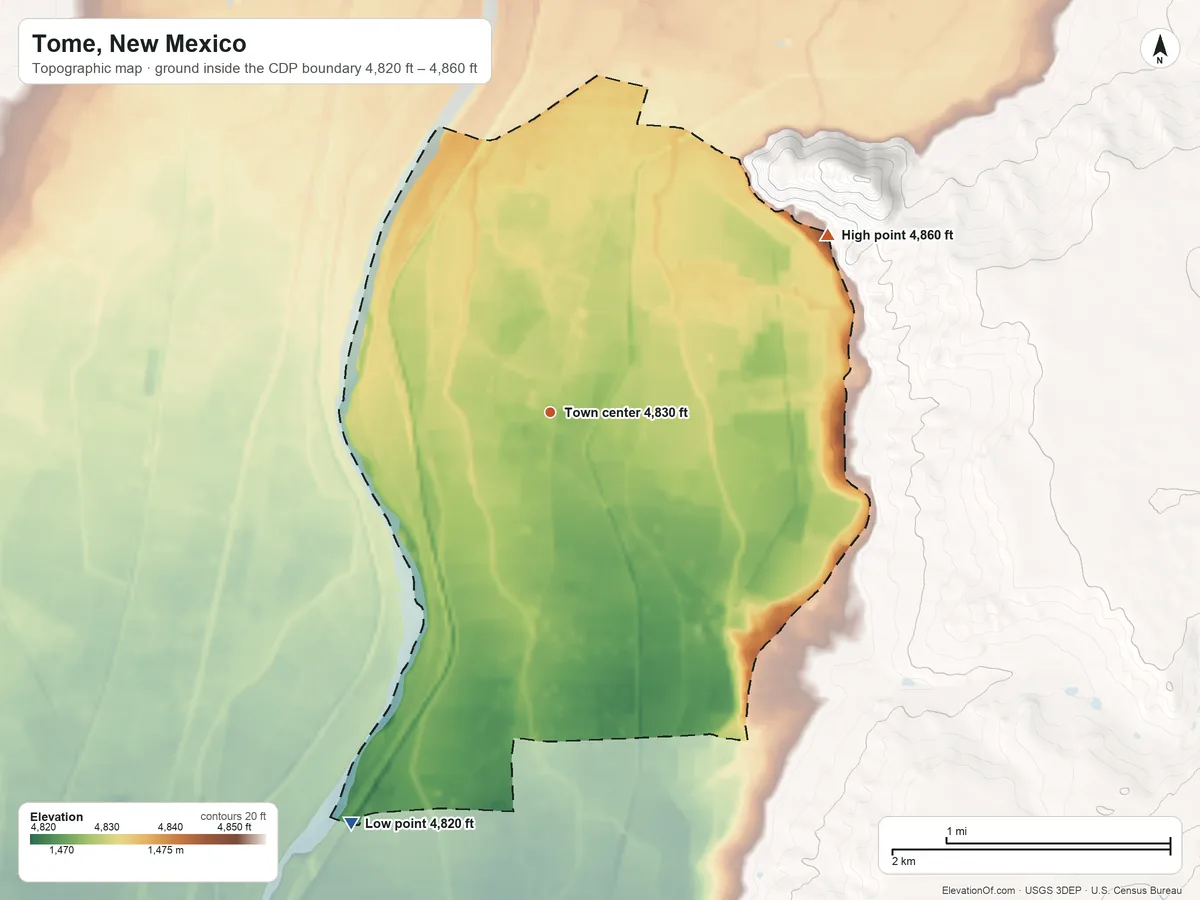 Topographic elevation map of Tome, New Mexico, shaded from 4,820 ft on the southwest side to 4,860 ft on the northeast edge, below higher ground just outside