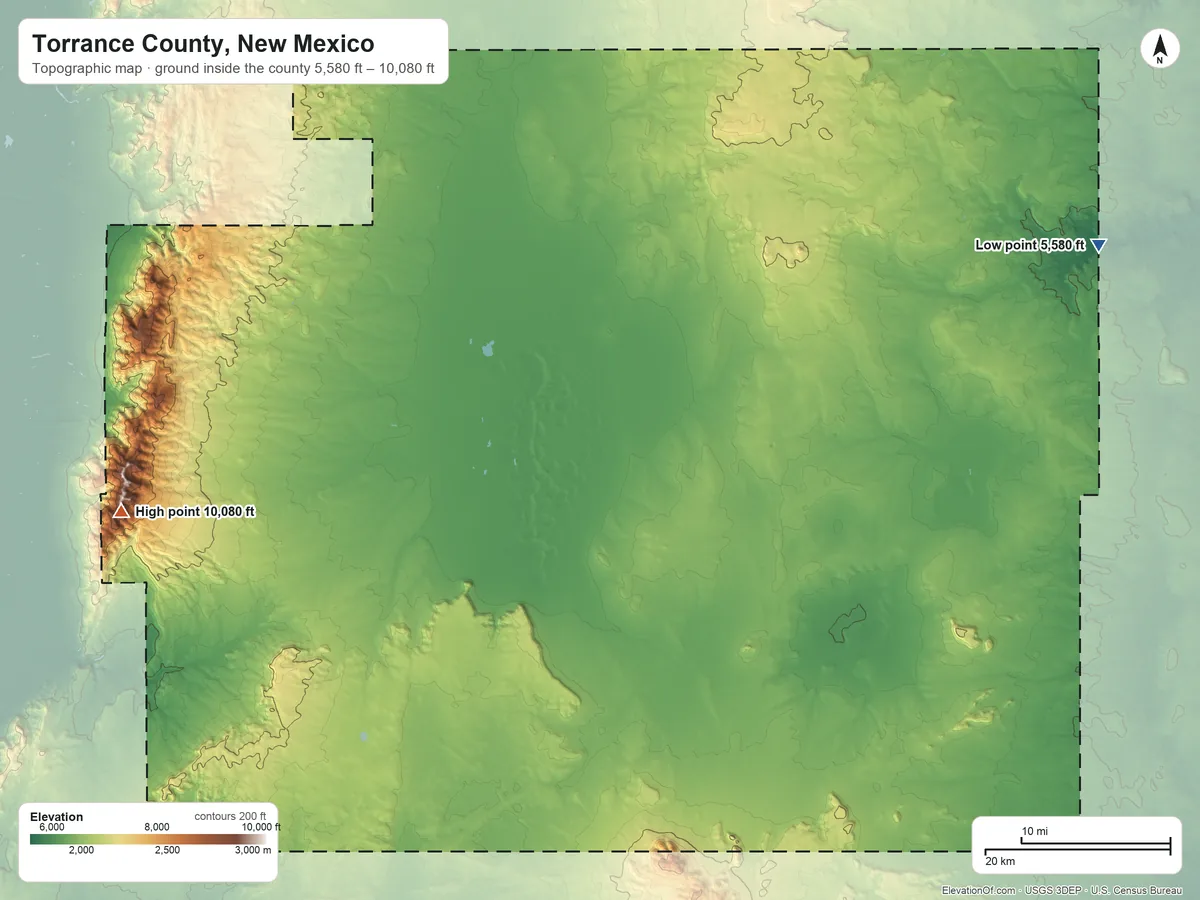 Topographic elevation map of Torrance County, New Mexico, shaded from 5,580 ft on the northeast side to 10,080 ft on Manzano Peak