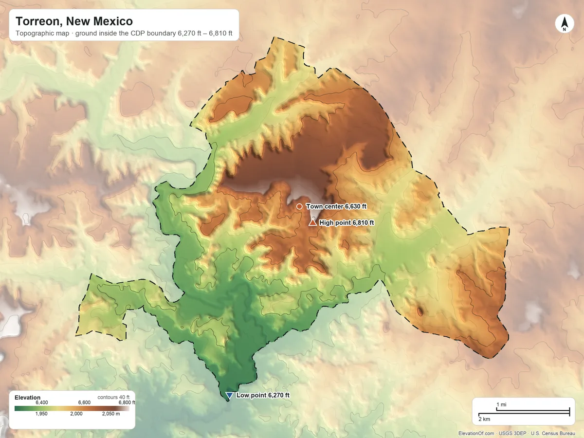 Topographic elevation map of Torreon, New Mexico, shaded from 6,270 ft on the south side to 6,810 ft near the middle