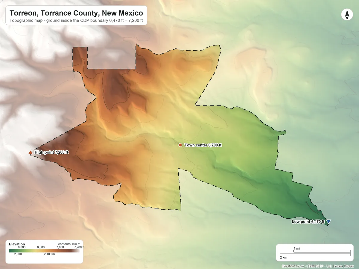 Topographic elevation map of Torreon, Torrance County, New Mexico, shaded from 6,470 ft on the southeast side to 7,200 ft at the foot of the Manzano Mountains