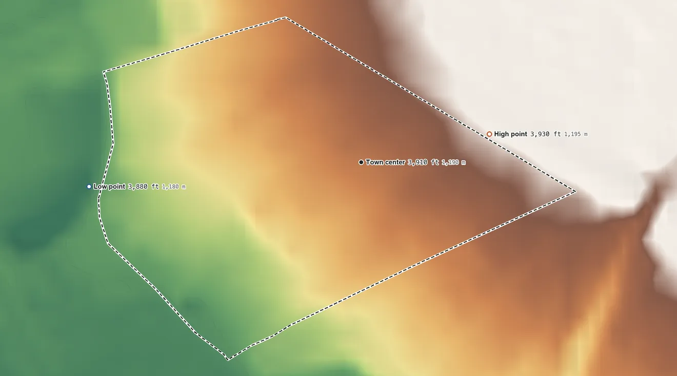 Topographic elevation map of Tortugas, New Mexico, shaded from 3,880 ft on the west side to 3,930 ft on the east side