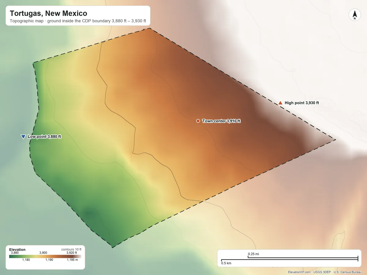Topographic elevation map of Tortugas, New Mexico, shaded from 3,880 ft on the west side to 3,930 ft on the east side
