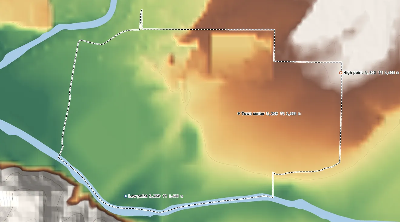 Topographic elevation map of Totah Vista, New Mexico, shaded from 5,250 ft on the southwest side to 5,320 ft on the east edge, below higher ground just outside