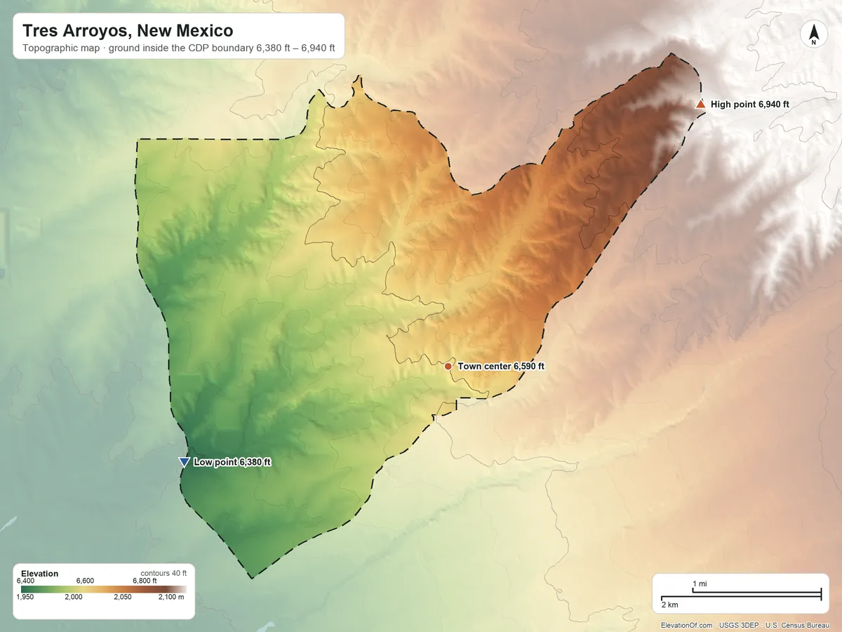 Topographic elevation map of Tres Arroyos, New Mexico, shaded from 6,380 ft on the west side to 6,940 ft on the northeast side