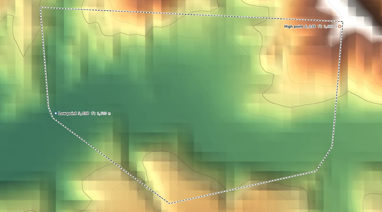 Topographic elevation map of Trout Valley, New Mexico, shaded from 5,890 ft on the west side to 6,240 ft at the foot of the Pinos Altos Range