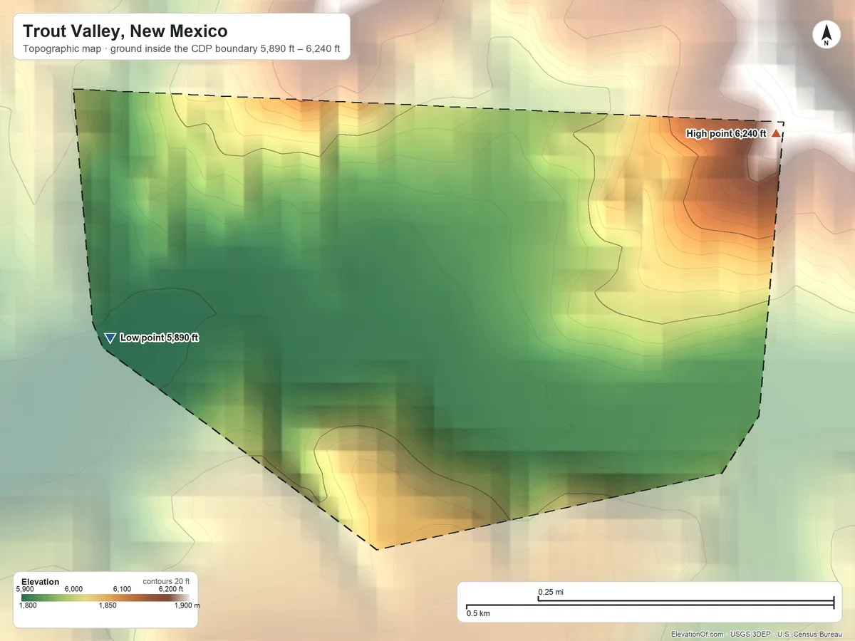 Topographic elevation map of Trout Valley, New Mexico, shaded from 5,890 ft on the west side to 6,240 ft at the foot of the Pinos Altos Range