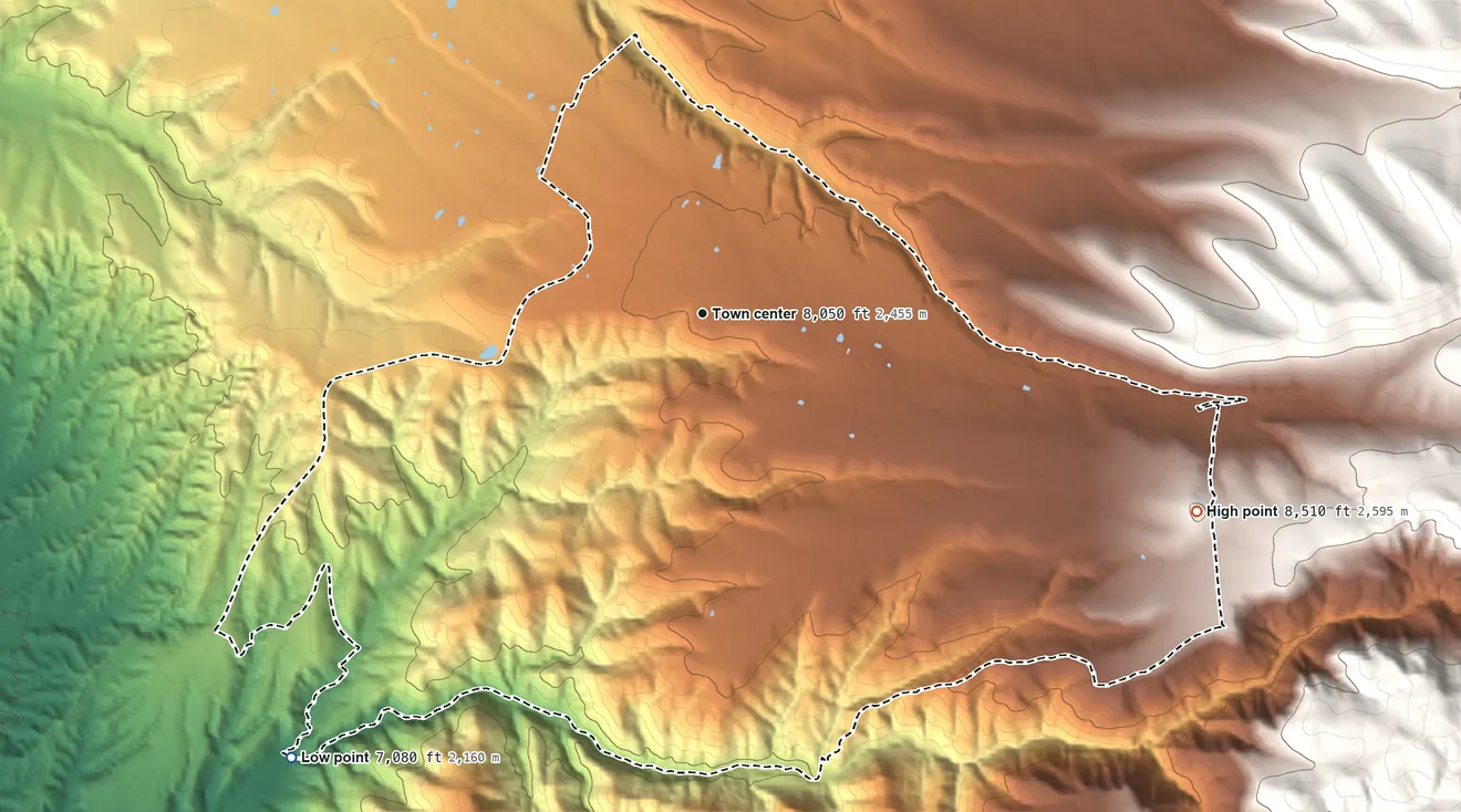 Topographic elevation map of Truchas, New Mexico, shaded from 7,080 ft on the southwest side to 8,510 ft on the east edge, below higher ground just outside