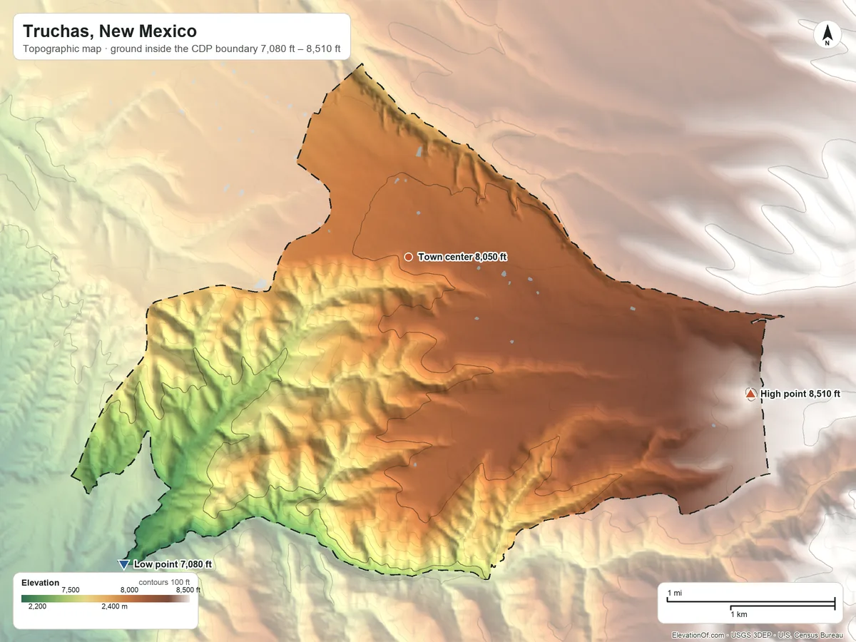 Topographic elevation map of Truchas, New Mexico, shaded from 7,080 ft on the southwest side to 8,510 ft on the east edge, below higher ground just outside