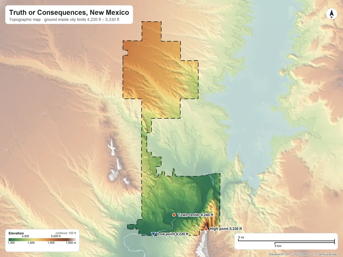 Topographic elevation map of Truth or Consequences, New Mexico, shaded from 4,220 ft on the southwest side to 5,330 ft at the foot of the Mud Springs Mountains