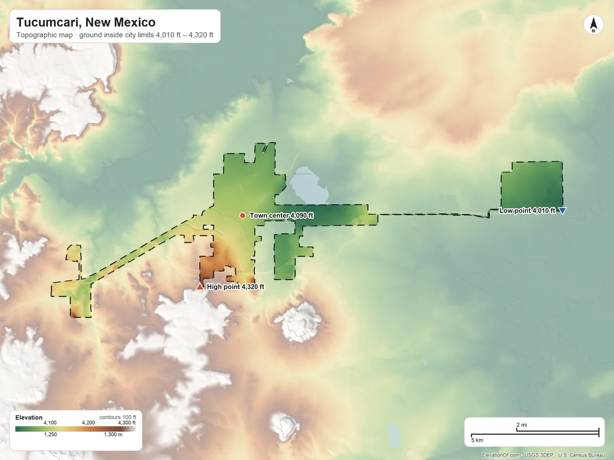 Topographic elevation map of Tucumcari, New Mexico, shaded from 4,010 ft on the east side to 4,320 ft on the southwest side