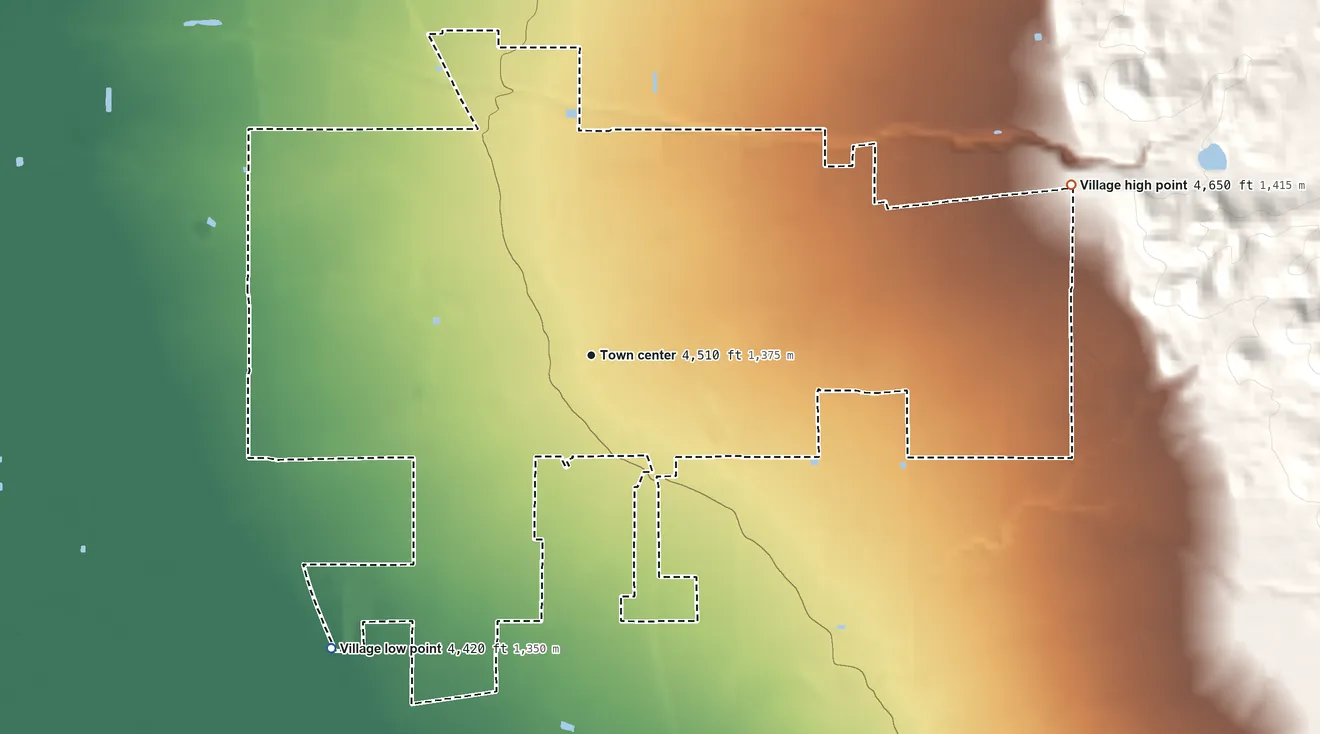 Topographic elevation map of Tularosa, New Mexico, shaded from 4,420 ft on the southwest side to 4,650 ft at the foot of the Coyote Hills