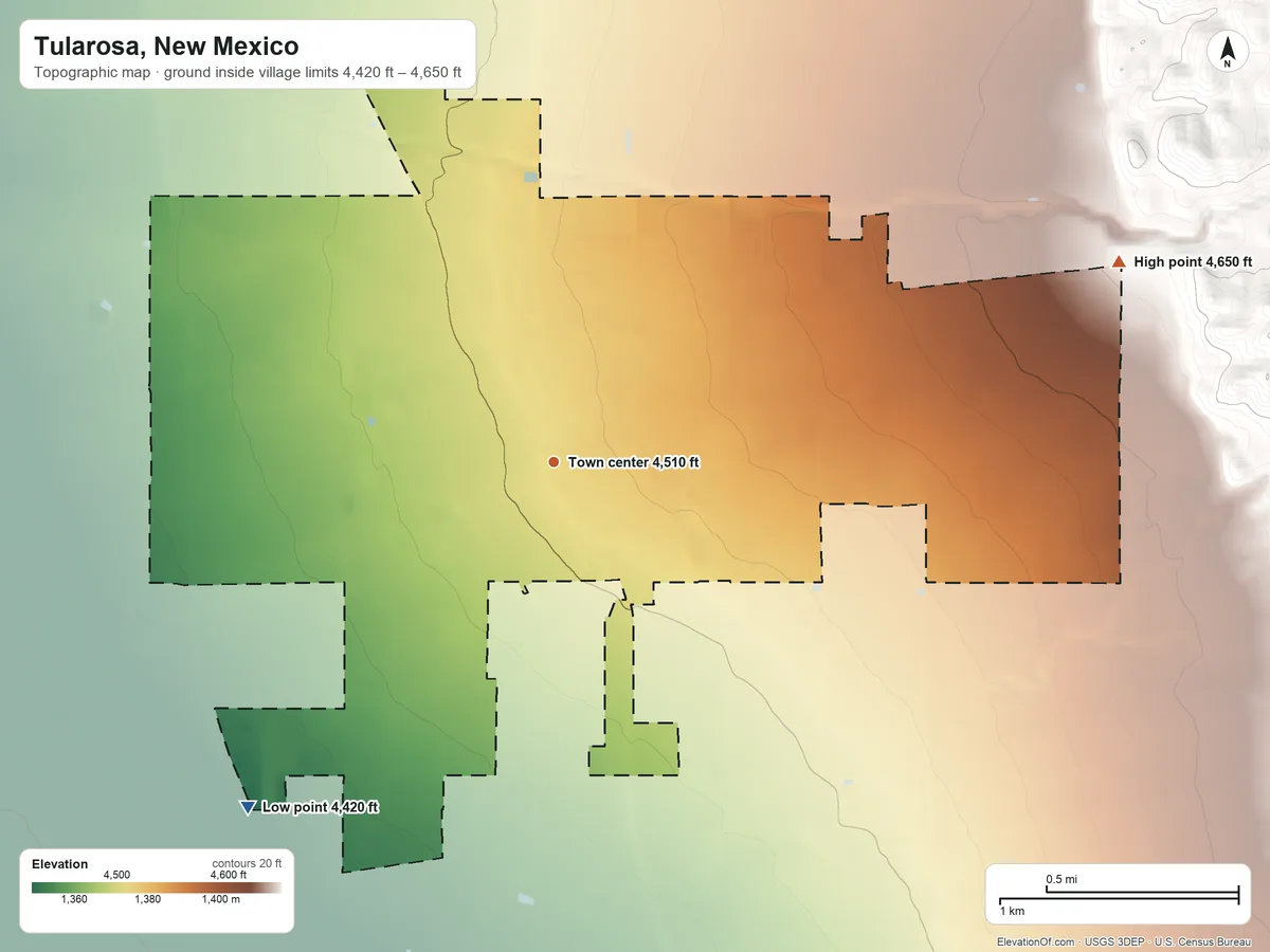 Topographic elevation map of Tularosa, New Mexico, shaded from 4,420 ft on the southwest side to 4,650 ft at the foot of the Coyote Hills