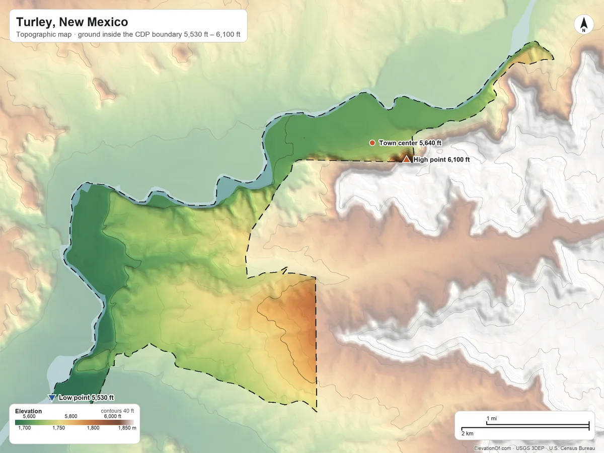 Topographic elevation map of Turley, New Mexico, shaded from 5,530 ft on the southwest side to 6,100 ft on the southeast edge, below higher ground just outside