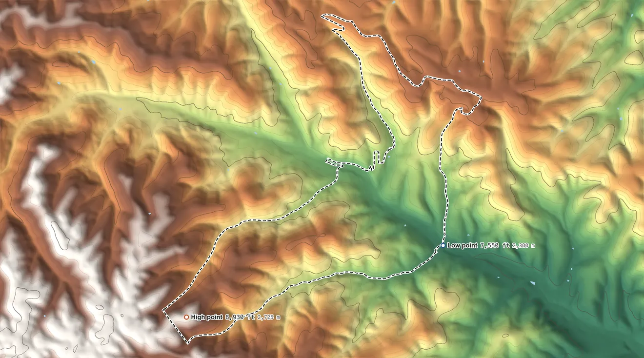 Topographic elevation map of Twin Forks, New Mexico, shaded from 7,550 ft on the southeast side to 8,930 ft on the southwest side