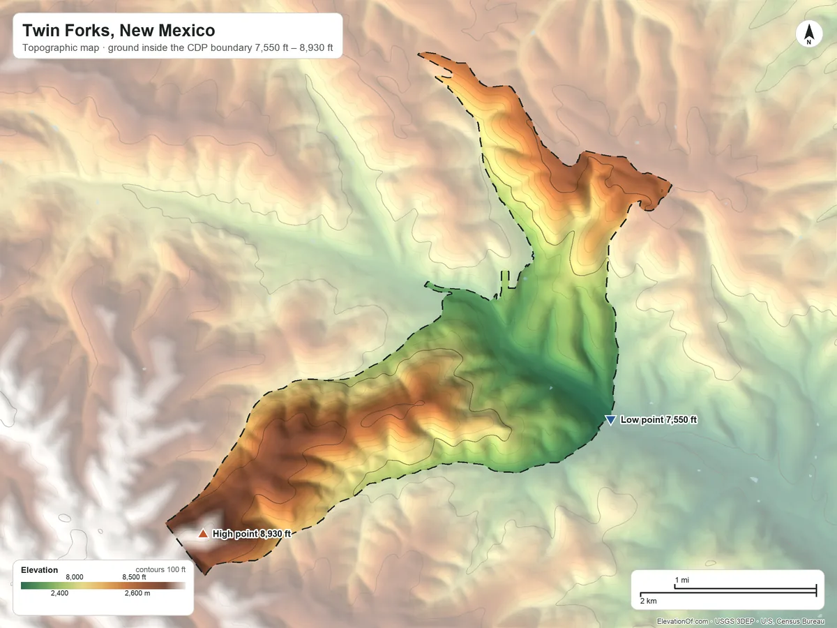 Topographic elevation map of Twin Forks, New Mexico, shaded from 7,550 ft on the southeast side to 8,930 ft on the southwest side