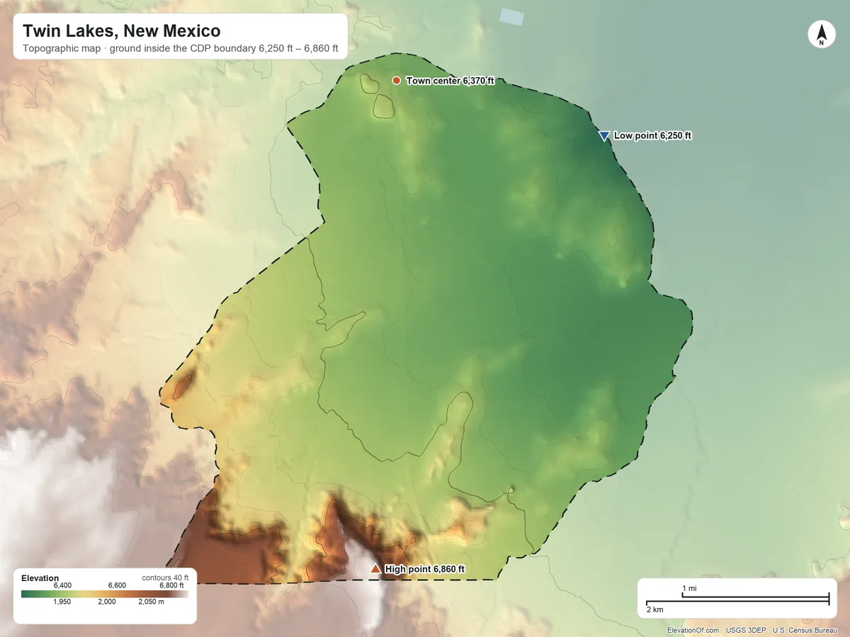 Topographic elevation map of Twin Lakes, New Mexico, shaded from 6,250 ft on the east side to 6,860 ft on the south side
