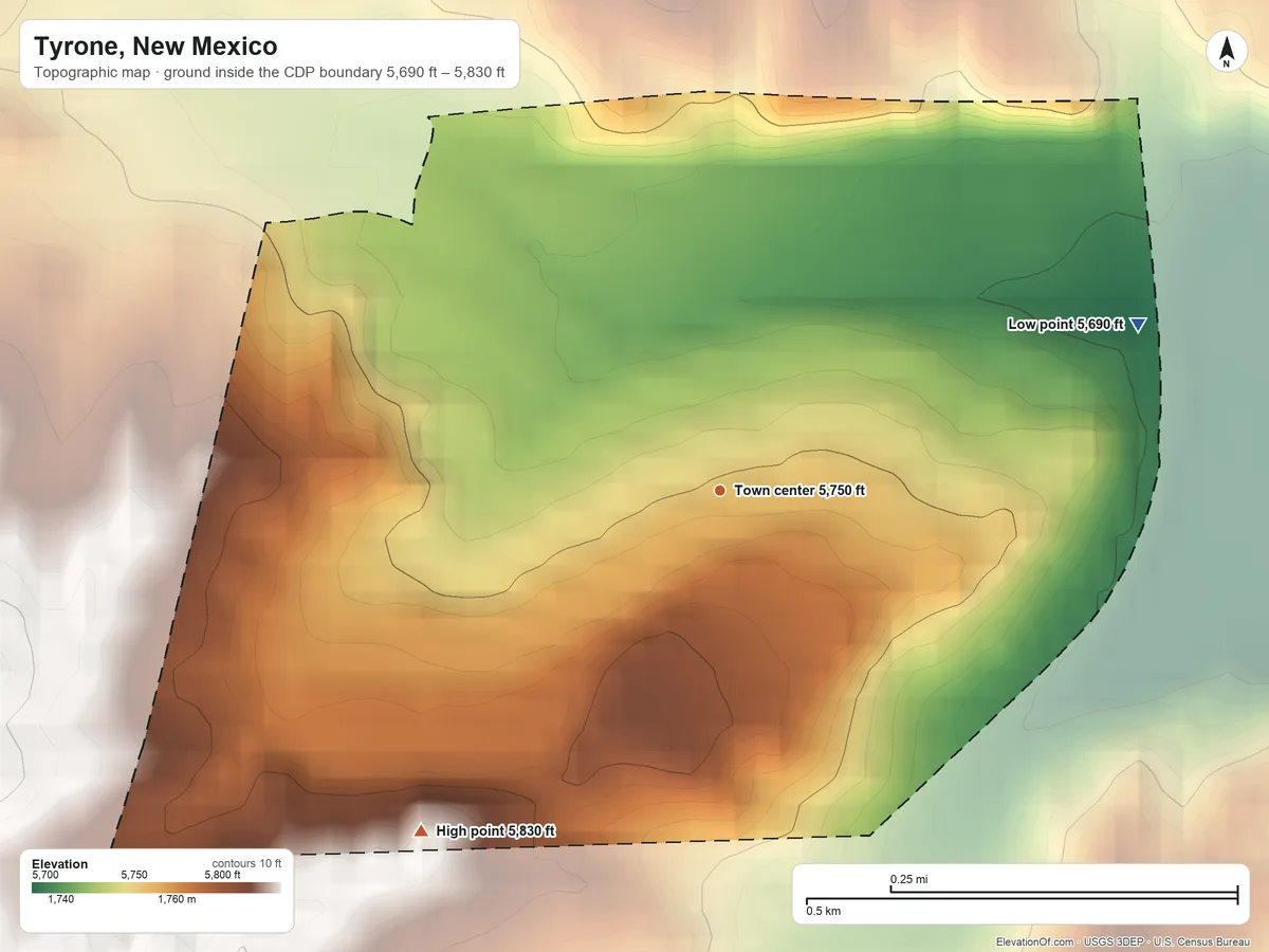 Topographic elevation map of Tyrone, New Mexico, shaded from 5,690 ft on the east side to 5,830 ft on the southwest side