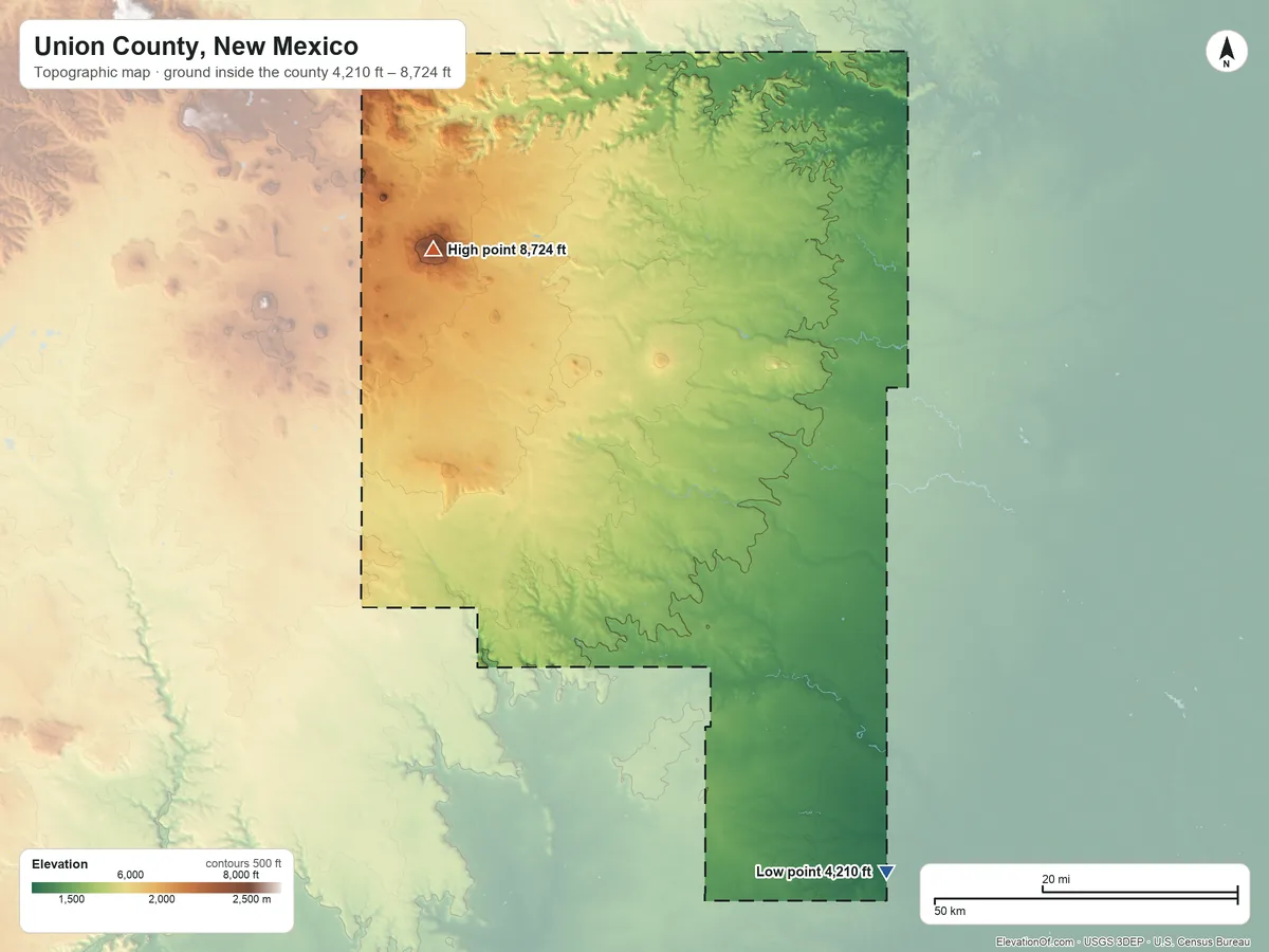Topographic elevation map of Union County, New Mexico, shaded from 4,210 ft on the southeast side to 8,724 ft on Sierra Grande