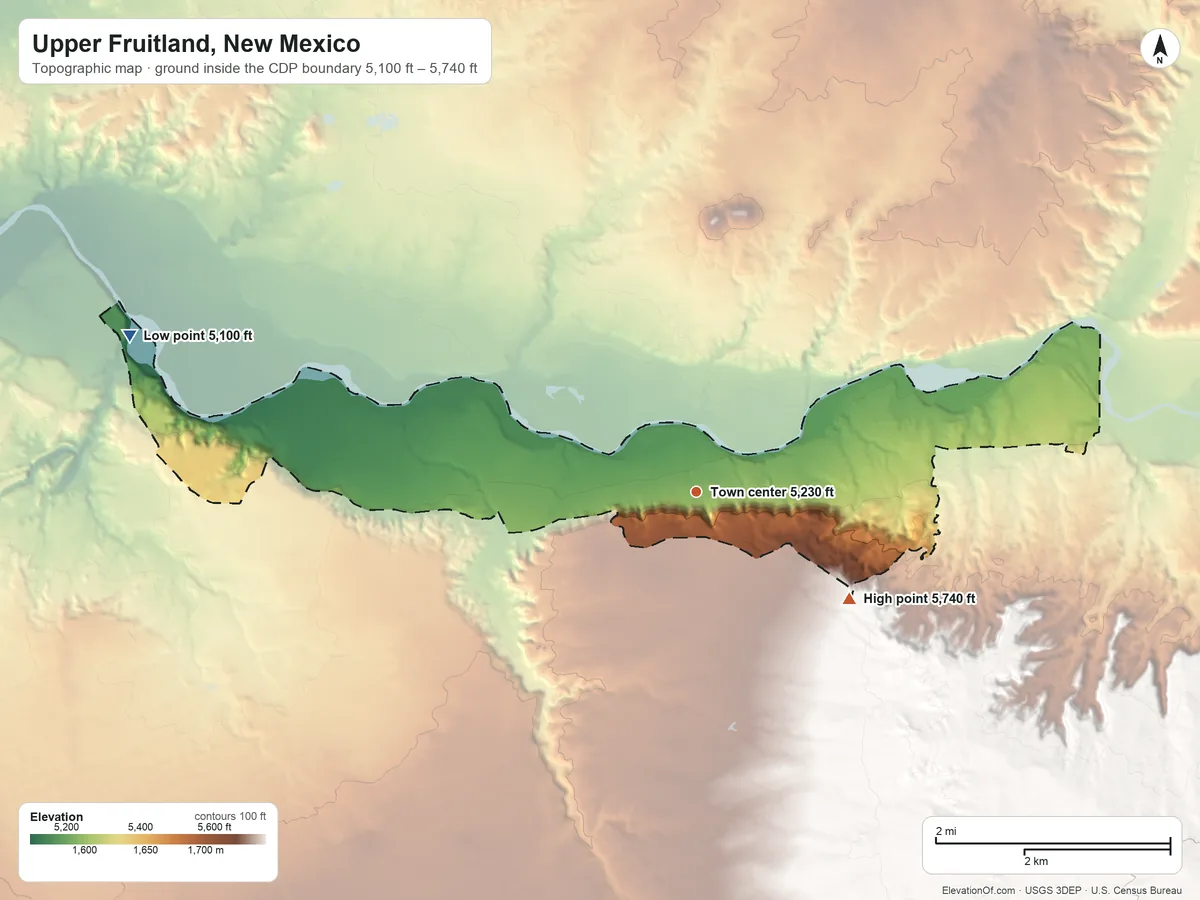 Topographic elevation map of Upper Fruitland, New Mexico, shaded from 5,100 ft on the west side to 5,740 ft on the southeast side