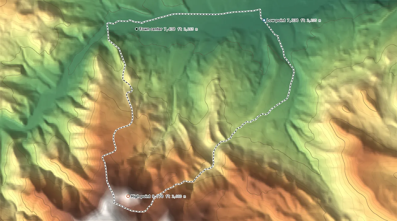Topographic elevation map of Ute Park, New Mexico, shaded from 7,330 ft on the east side to 9,770 ft at the foot of the Cimarron Range