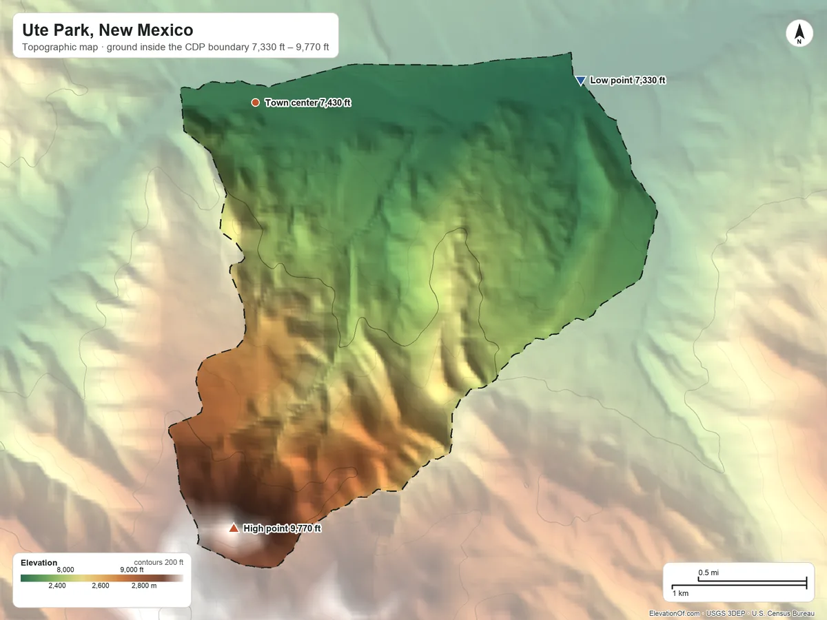 Topographic elevation map of Ute Park, New Mexico, shaded from 7,330 ft on the east side to 9,770 ft at the foot of the Cimarron Range