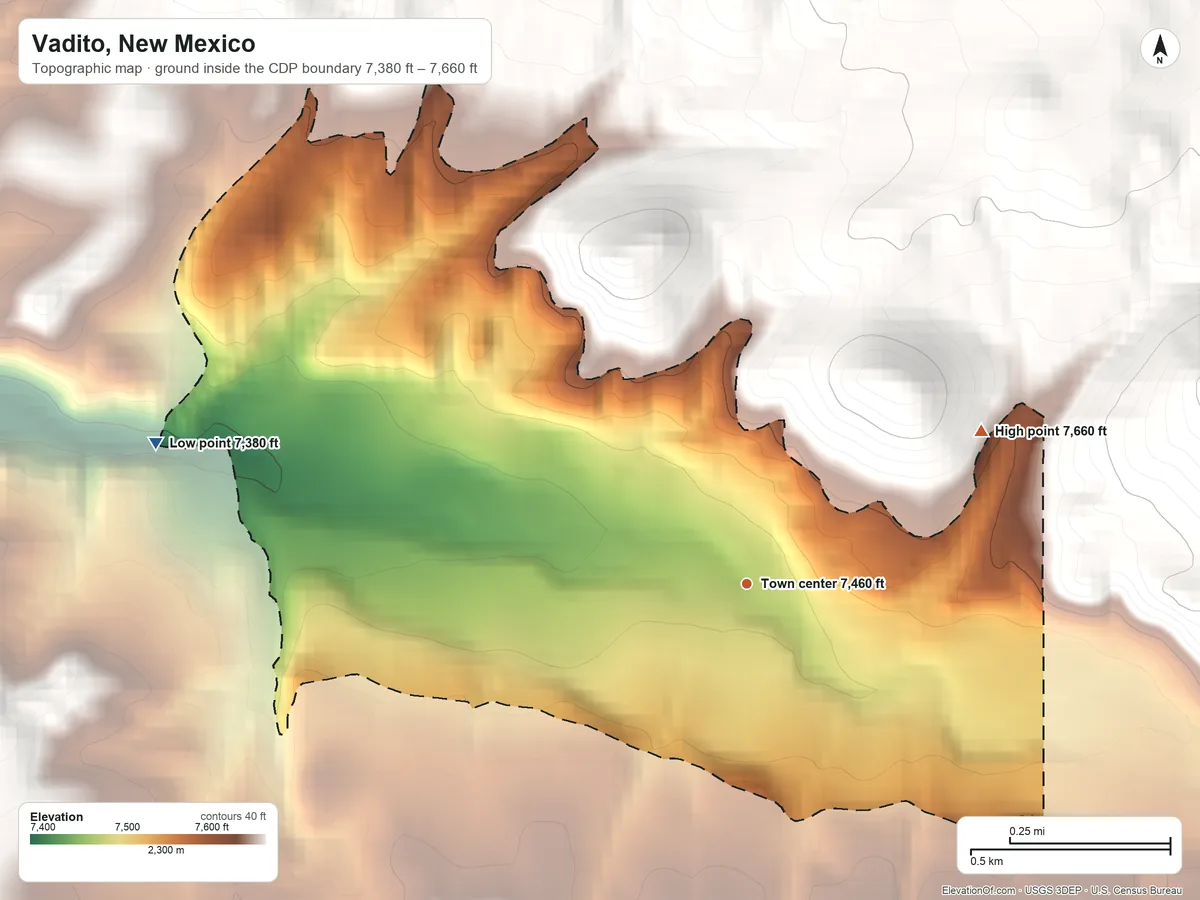 Topographic elevation map of Vadito, New Mexico, shaded from 7,380 ft on the west side to 7,660 ft on the northeast edge, below higher ground just outside