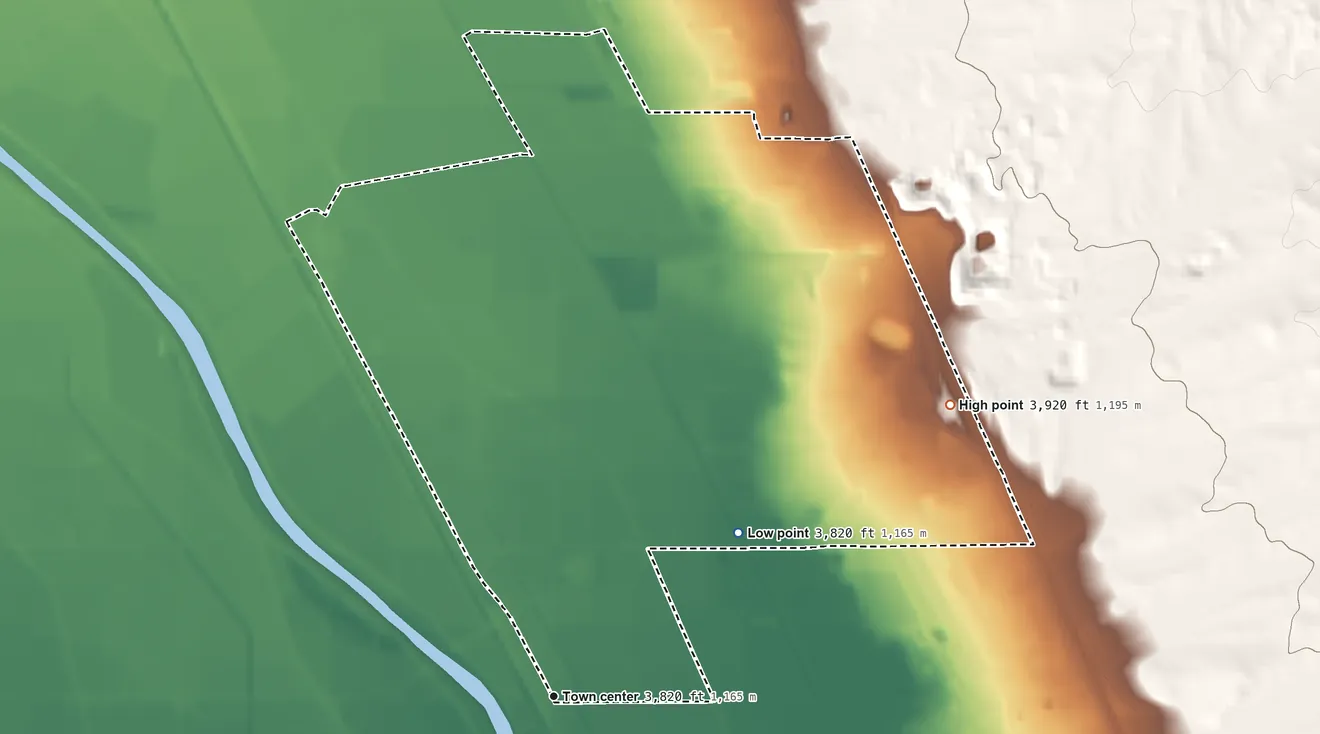 Topographic elevation map of Vado, New Mexico, shaded from 3,820 ft on the northeast side to 3,920 ft on the northeast side