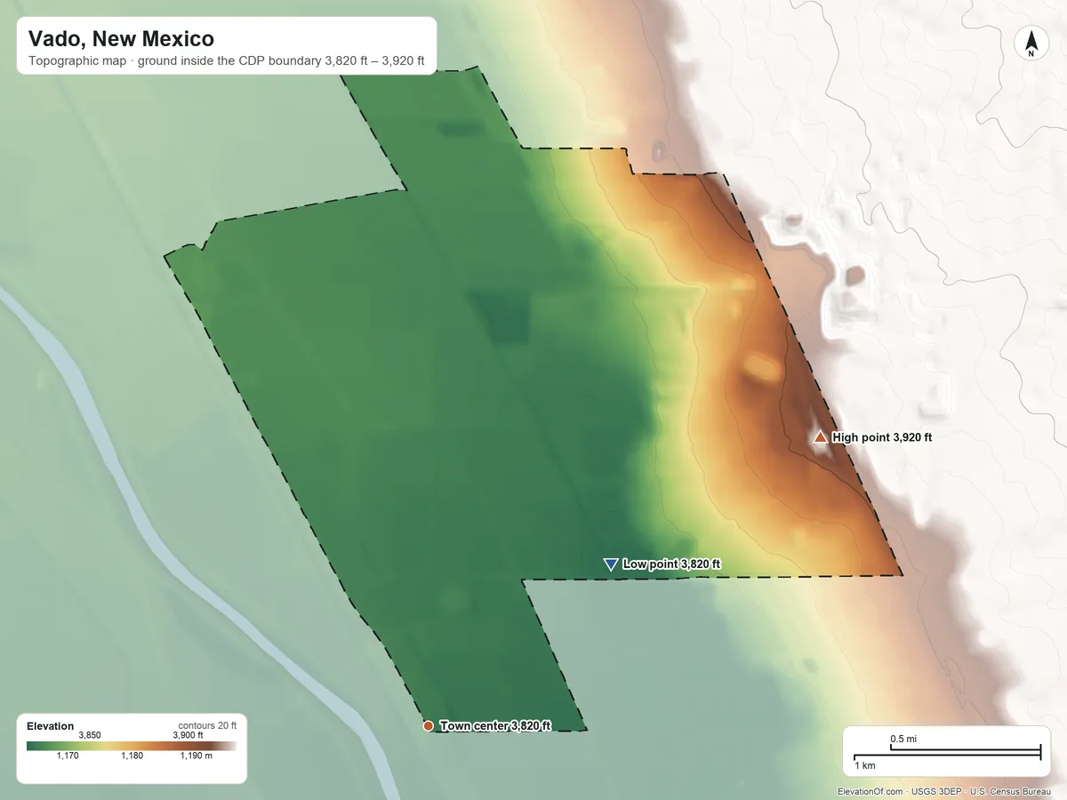 Topographic elevation map of Vado, New Mexico, shaded from 3,820 ft on the northeast side to 3,920 ft on the northeast side