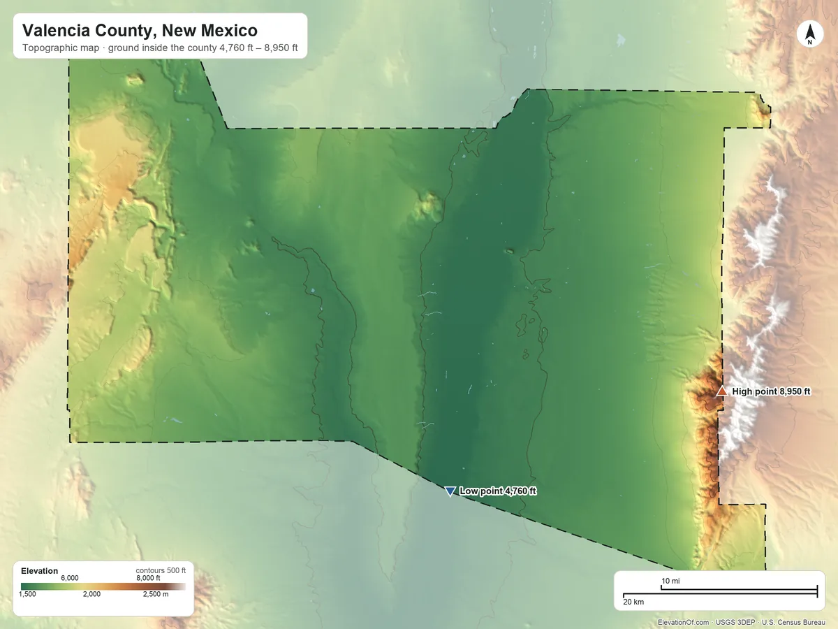 Topographic elevation map of Valencia County, New Mexico, shaded from 4,760 ft on the south side to 8,950 ft on the east side