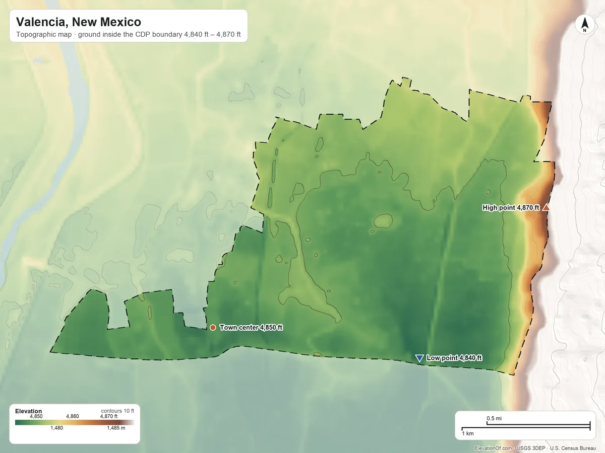 Topographic elevation map of Valencia, New Mexico, shaded from 4,840 ft on the east side to 4,870 ft on the east side