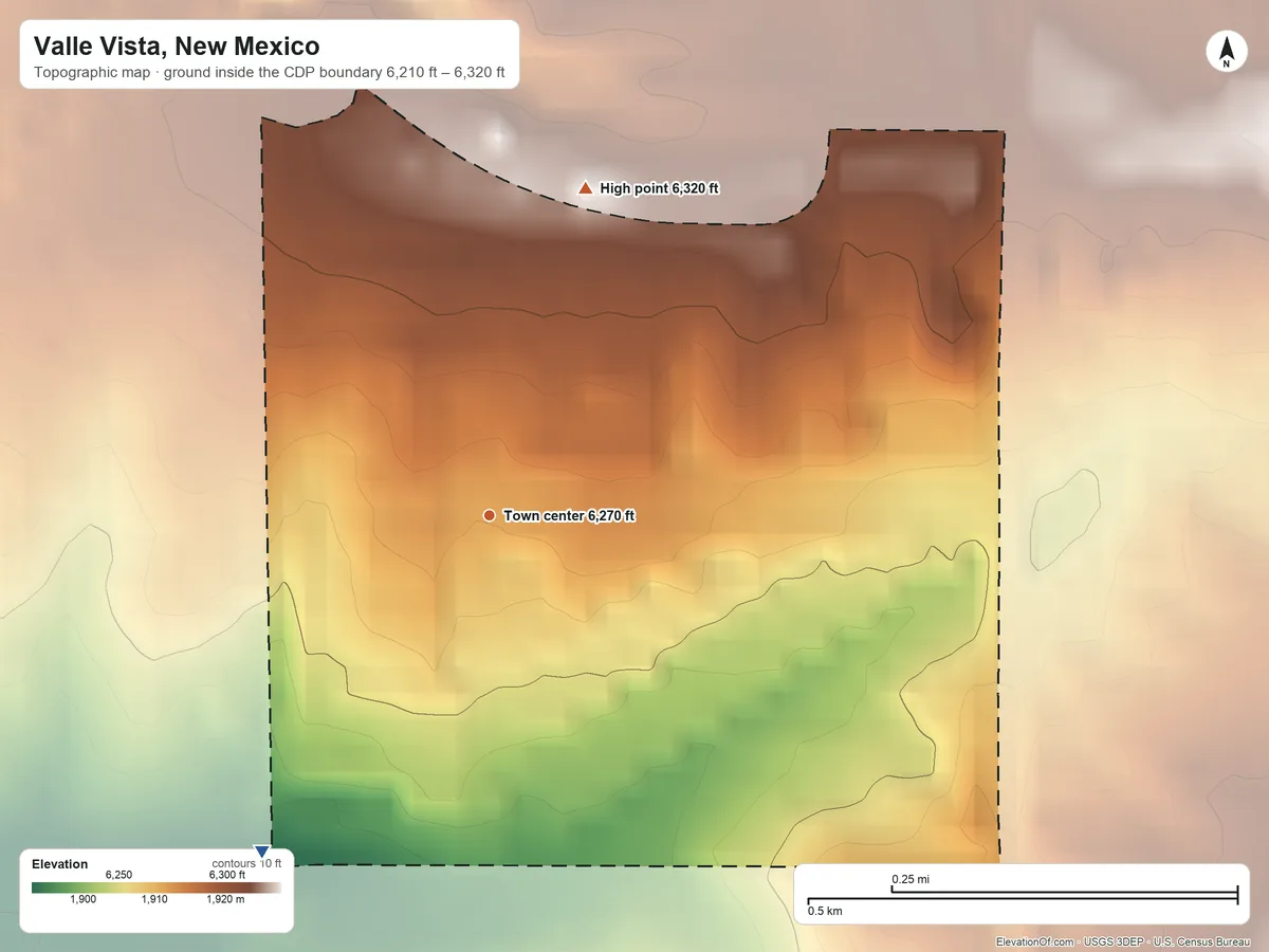 Topographic elevation map of Valle Vista, New Mexico, shaded from 6,210 ft on the southwest side to 6,320 ft on the north side