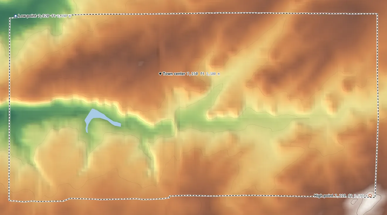 Topographic elevation map of Vanderwagen, New Mexico, shaded from 7,020 ft on the west side to 7,210 ft on the southeast side