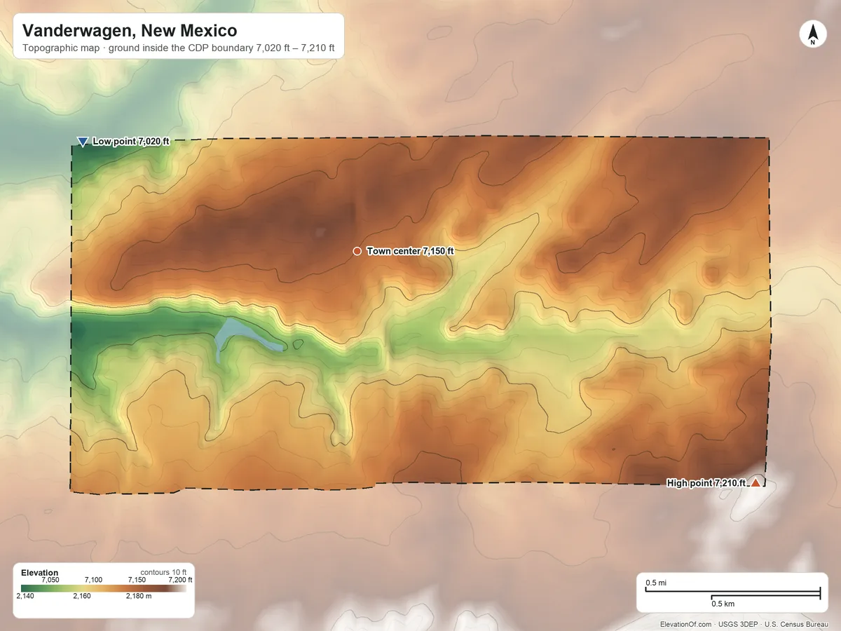 Topographic elevation map of Vanderwagen, New Mexico, shaded from 7,020 ft on the west side to 7,210 ft on the southeast side