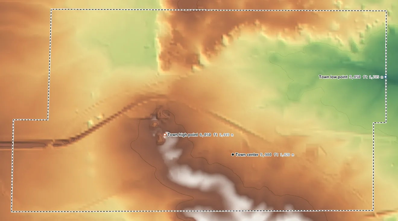 Topographic elevation map of Vaughn, New Mexico, shaded from 5,850 ft on the northeast side to 6,050 ft on the west side