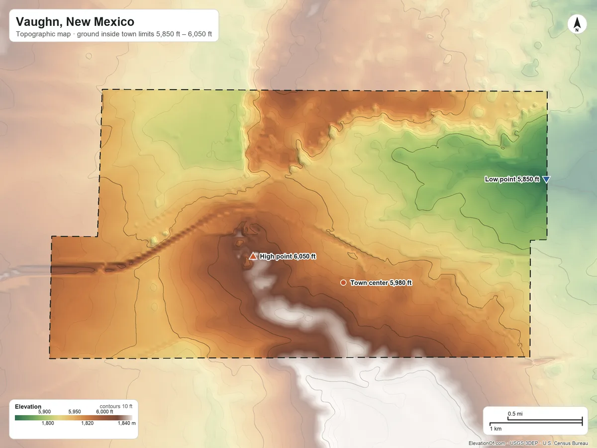 Topographic elevation map of Vaughn, New Mexico, shaded from 5,850 ft on the northeast side to 6,050 ft on the west side