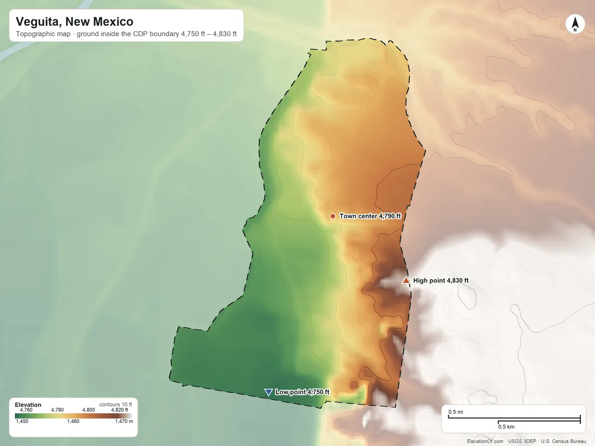 Topographic elevation map of Veguita, New Mexico, shaded from 4,750 ft on the south side to 4,830 ft on the southeast side