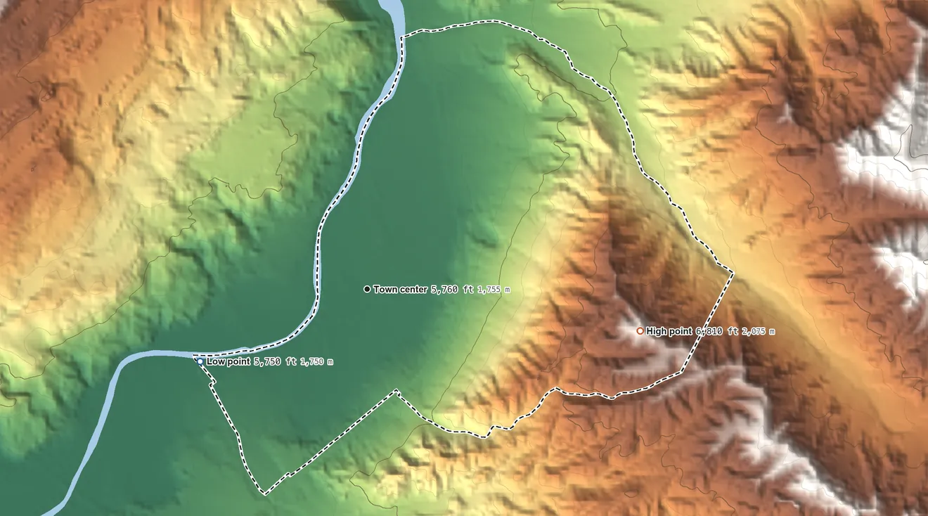 Topographic elevation map of Velarde, New Mexico, shaded from 5,750 ft on the southwest side to 6,810 ft on the east side